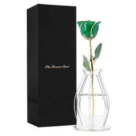 Forever Rose Bloom Box Bundle, 24K Gold Dipped Emerald Rose, The May Birthstone, Real 24k Gold Dipped Rose, Hand Dipped, 11" to 12" in a Beautiful Phantom Vase and Blooming Box
