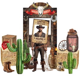 15 Pcs Western Cowboy Party Supplies Include Cowboy Backdrop Hay Bales Boxes Barrel Wagon Wheel Photo Booth Props 8 Paper Country Decorative Accessories for Cowboy Party Birthday Fall Harvest Farm