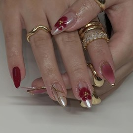 Almond Red Press on Nails Flower Fake Nails Medium Length Glue on Nails Cute Flowers Acrylic False Nails Full Cover Stick on Nails Summer Artificial Nails Almond Shape Nails Press ons for Women