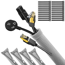 UPXDUMI Cable Tidy Zip Sleeve for PC/TV, 20mm - 2.4m Desk Cable Management Organisers, Wire Tidy Loom Tube Cord Cover Protector with Reusable Cable Ties for Home, Office, 2*(50CM+70CM), Grey Silver