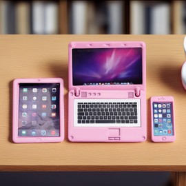 Modern Miniature Tech Set (Laptop, Tablet, Phone) 1:12 Scale, Alloy Construction, Realistic Screens, Dollhouse Decor for Contemporary Scenes (Pink)