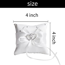 Wedding Ring Bearer Pillow Décor with Satin with Crystal Heart and Rhinestones,Lace Bow Flower Ring Cushion Holder Box Pearl Diamonds Ribbon for Beach Proposal Ceremony Party (4 x 4 ''-Square-B)