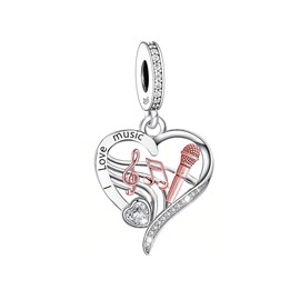 I Love Music Heart Dangle Charm, 925 Sterling Silver, Music Note Charm, Heart Music Pendant, Mother's Day Gift