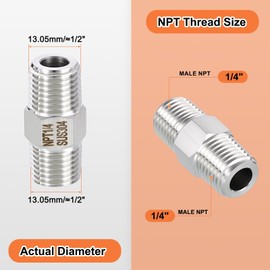 Rebower 1 Pack 304 Stainless Steel Male to Male Adapter, 1/4" Male NPT x 1/4" Male NPT Hex Nipple Pipe Extension Fitting for Industrial, Automotive, Fluid Transfer, Home Gardening, Water