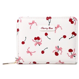Sunwel Fashion Women Cute Print Wallets with Credit Card Slots ID Window & Zipper Coin Pouch (CHERRY BOW CREAM)
