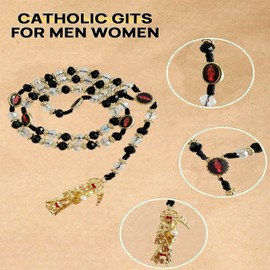 Bovemee Santa Muerte Necklace Rosaries Beads Holy Death's Necklace Blessing Crafted Rosario de la santa muerte Prayer Gift For Men and Women (Black&White)