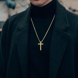 Raymard Vintage Hammered Cross Necklace, Christian Crucifix Stainless Steel Pendant Necklace for Men Women, 24" Rolo Chain Cross Jewelry for Men-Gold