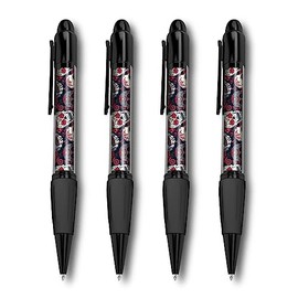 Set of 4 Black Ballpoint Pens (Photo Insert) - Sugar Skulls Day of the Dead - Soft Feel Finger Grip #170015