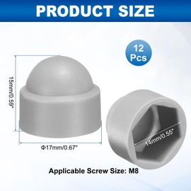 sourcing map 12Pcs Hex Nut Cover, M8x14x15mm Plastic Dome Nut Protection Cap Hex Screws Bolt Covers for Indoor Outdoor Furniture Automotive Bolts Decoration, Gray