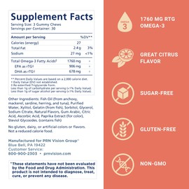 Omega 3 Gummy Chewables - 90 Gel Chews, 30-Day Supply, Citrus Flavor - 1760mg Ultra-Pure rTG Omega 3 for Eye, Heart, Brain, Joint & Immune Health