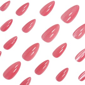 Blush Press on Nails Medium Almond- Autumn Fake Nails with Glitter Glossy Design Full Cover Candy Color False Nails Design Acrylic Artificial Nails Cute Glue on Nails for Women Manicure 24Pcs