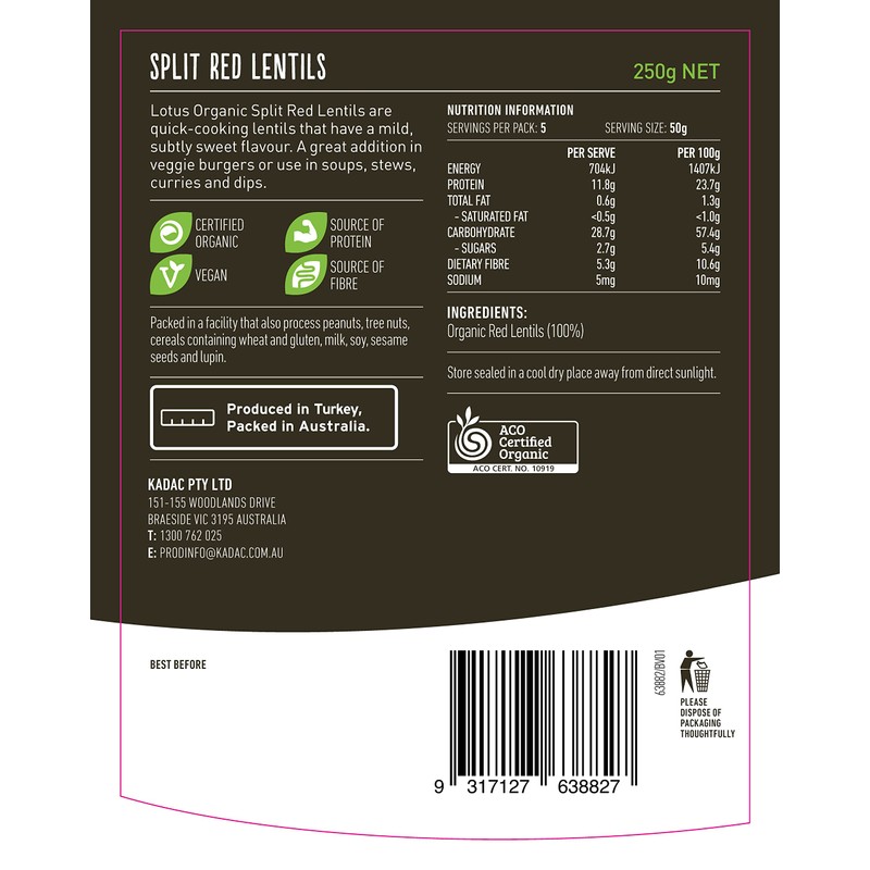 Lotus Organic Red Split Lentils 250 g, 250 g