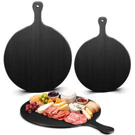 Geetery 2 Pcs Round Black Cutting Board with Handle Bamboo Cheese and Chopping Board Black Platter Tray Charcuterie Boards for Kitchen Pizza Bread Vegetables DIY Holiday Present (11.6 Inch,9 Inch)