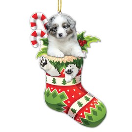 Australian Shepherd Dog Flat Acrylic Christmas Ornament – Cute Aussie Puppy in Festive Holiday Stocking - Aussie Dog Dressed As A Sock - 2024 Australian Shepherd Dog Christmas Tree Hanging Ornament