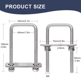 SRZTXU 8 Sets M8 Square U-Bolts,u-Bolts 1.5 inch Wide,304 Stainless Steel Square u-Bolts,with Nuts,Bolt Plate and washers (8, M8 x 40mm x 100mm)