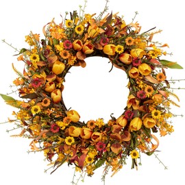 LLZLL Fall Wreath 22 Inch Outdoor Fall Wreaths for Front Door Artificial Autumn Wreath with Orange Tulip and Various Wildflowers for Thanksgiving Home Holiday Decorations