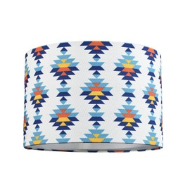 Colourful Boho Geometric 12 Inch Drum Lamp Shade in White with Blues and Oranges | Features White Satin Fabric Inner Lining | 20cm x 30cm by Happy Homewares