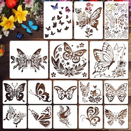 JSRQT 16Pcs Mixed Size Butterfly Themed Stencil Templates, Butterfly Stencils for Craft Reusable, Plastic Drawing Craft Painting Set for Canvas Wood Wall Furniture Decoration DIY Craft Making