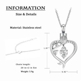 AIWENXI Crystal Heart Cremation Jewelry Roseflower Ashes Necklaces for Women Stainless Steel Memorial Ashes Mini Urn Keepsakes Pendant