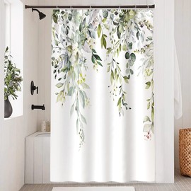 Uiiooazy Shower Curtain, Eucalyptus Green, Shower Curtain, Watercolour Leaves, Flowers, Pink Shower Curtains, Anti Mould, Waterproof Polyester Fabric, Washable Bathroom Curtain with 8 Hooks for