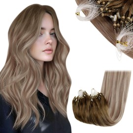 RUNATURE Microring Real Hair Extensions Balayage Brown Blonde 60 cm Hair Extensions Real Hair Micro Ring Balayage Brown Ombre Blonde Long Real Hair Extensions Micro Ring 1 g 50s #3/8/22