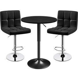 Yaheetech 3-Piece Bar Table Set, Round Bar Table and PU Leather Adjustable Swivel Armless Chairs, Modern Counter Height Table Set with 2 Bar Stool for Kitchen, Black