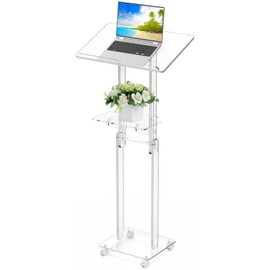 Acrylic Podium Stand Portable, Rolling Podium with Wheels, Clear Podium with Storage Shelf, Lockable Wheels, Adjustable Height pulpits for Churches, Classroom, Weddings, Speech ﻿