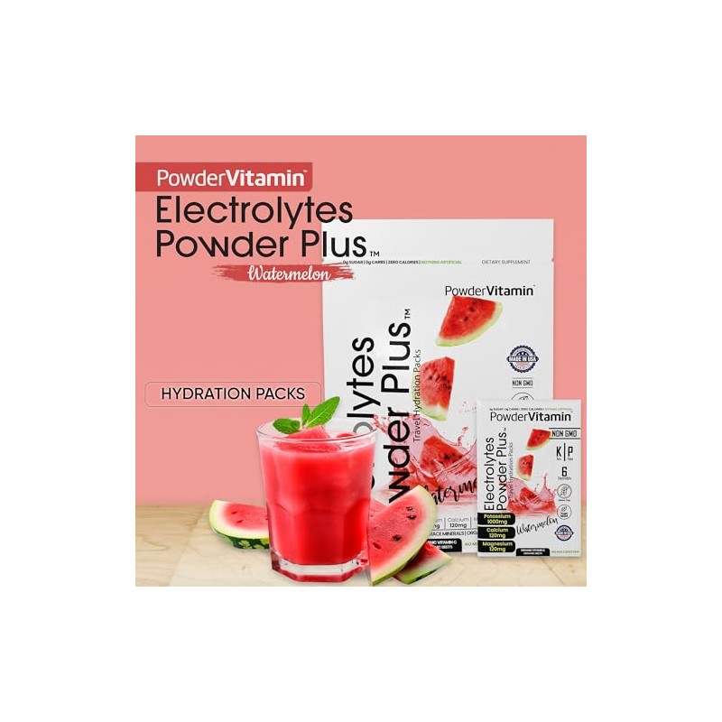 PowderVitamin Electrolytes Powder Plus, cetogénico, sandía, sin azúcar, 1000 mg