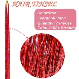 Red Hair Tinsel Kit: 48 Inches 7Pcs 2100 Sparkling Strands Glitter Tinsel Hair Extensions with Tools - Fairy Heat Resistant Hair Tinsel Accessories for Women Girls Kids