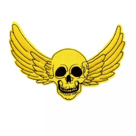 Patchwork Paradise Yellow Winged Skull Embroidered Iron-On Patch – Biker Style Badge