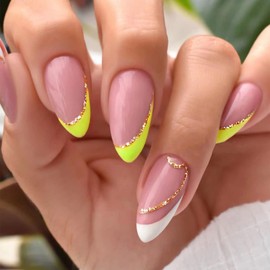 24PCS Press on Nails Almond Colorful French Tip Fake Nails with Glitter Designs Dirty Pink Acrylic Nails French Full Cover Almond Shaped Glue on Nails Summer Stick on Nails for Women Girls Manicure Decorations