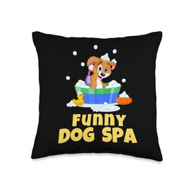 Dog Groomer Fashion by Merry Groomer-Funny Dog SPA Throw Pillow, 16x16, Multicolor