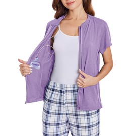 Deyeek Mastectomy Shirts with Drain Pockets Post Shoulder Surgery Tops for Women Chemo Port Short Sleeve with Zippers