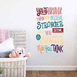 Colorful Inspirational Quote Wall Decal-You’re Braver Than You Believe,Stronger Than You Seem,Smarter Than You Think, Positive Quote Sticker for Kids Room Nursery,Classroom Decor