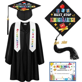 Bokon 4 Pcs Kindergarten Preschool Graduation Cap and Gown with 2025 Tassel Graduation Stole and Certificate for Toddler Kids(36,Black)