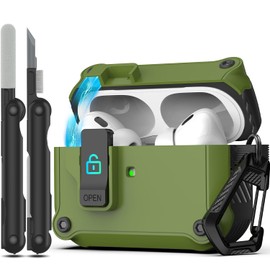 RFUNGUANGO Compatible with AirPods Pro 2nd/1st Case with Secure Lock Clip,Automatic Pop-up Case Full-Body Shockproof Hard Protective Cover Compatible with AirPods Pro 2 (2023/2022/2019),Olive Green