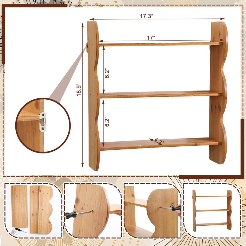 Cinnvoice 2 Pcs Solid Wood Wall Shelf 3-Tier Rustic Floating