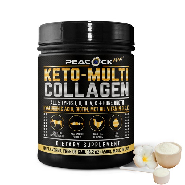 Peacock Max Hydrolyzed Multi Collagen Peptides Unflavored Protein Powder (1 Pack, Keto Coconut MCT)