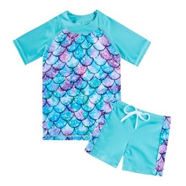 Kinberr Swimsuits for Girls Kids 2-Piece Rash Guard Set Blue Mermaid Short Sleeve Bathing Suit for Summer Vacation