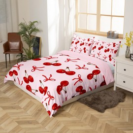richhome Girls Pink Cherry Bow Bedding Set Single Size Cute Silk Ribbon Bowknot Comforter Cover Princess Girly Bow Tie Duvet Cover Soft