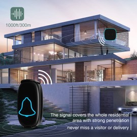 Wireless Doorbell, BO YING Waterproof Door Bell, Easy Install, Operating at 1000ft Range with 38 Melodies to Choose, Adjustable Volume and LED Flash,1 Push Button(Battery included)&1 Receiver (Black)