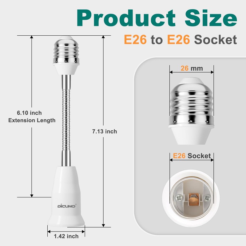 DiCUNO E26 15.5CM/6.1Inch Extension Socket Extender Adapter, E26 Flexible Extender,