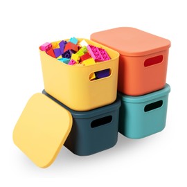 HapiLeap Plastic Storage Bins with Lid, Stackable Storage Containers for Organizing, Storage Baskets for Shelves Kitchen Bathroom Playroom Classroom Office (Small (4 PCS))