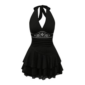 RoseSeek Women's Halter Cowgirl Vintage Mini Dress Embroidery Tie Back Sleeveless Ruched Tiered Layer A Line Dresses Black Large