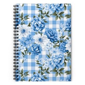 Floral Spiral Notebook 'Blue Gingham Flowers VII Shabby Chic' College Ruled Journals for Women Notes Writing Work School Office, 6x8 Inches, Blue, Green
