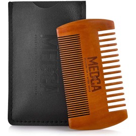 Wooden Beard Comb for Men - Pack of 2, Handcrafted Solid Beechwood Beard Combs, Mustache and Head Hair Pocket Comb with Leather Case - Dual Action Fine & Coarse Teeth