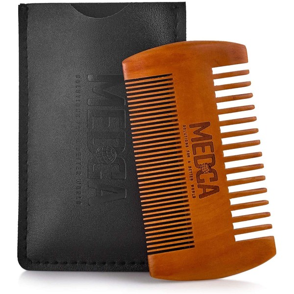 Wooden Beard Comb for Men - Pack of 2, Handcrafted Solid Beechwood Beard Combs, Mustache and Head Hair Pocket Comb with Leather Case - Dual Action Fine & Coarse Teeth