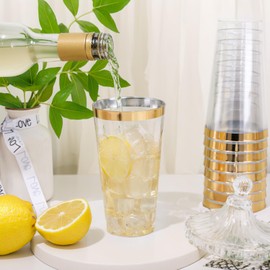 DaYammi 100 Pack Gold Plastic Cups 16 Oz Elegant Clear Plastic Cups Gold Rimmed Disposable Wine Glasses Fancy Disposable Party Cup Wedding Cup Drinking Tumblers Cocktail Glasses with Gold Rim