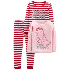 Simple Joys by Carter's Unisex Kid's 3-Piece Snug-fit Cotton Christmas Pajama Set, Pink Cat/Red Stripes, 7 Years (Pack of 3)