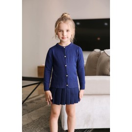 ZHUANNIAN Girls School Cardigan Long Sleeve Pearl Button Down Uniform Schoolwear Cardigans(Navy Blue,11-12 Years)
